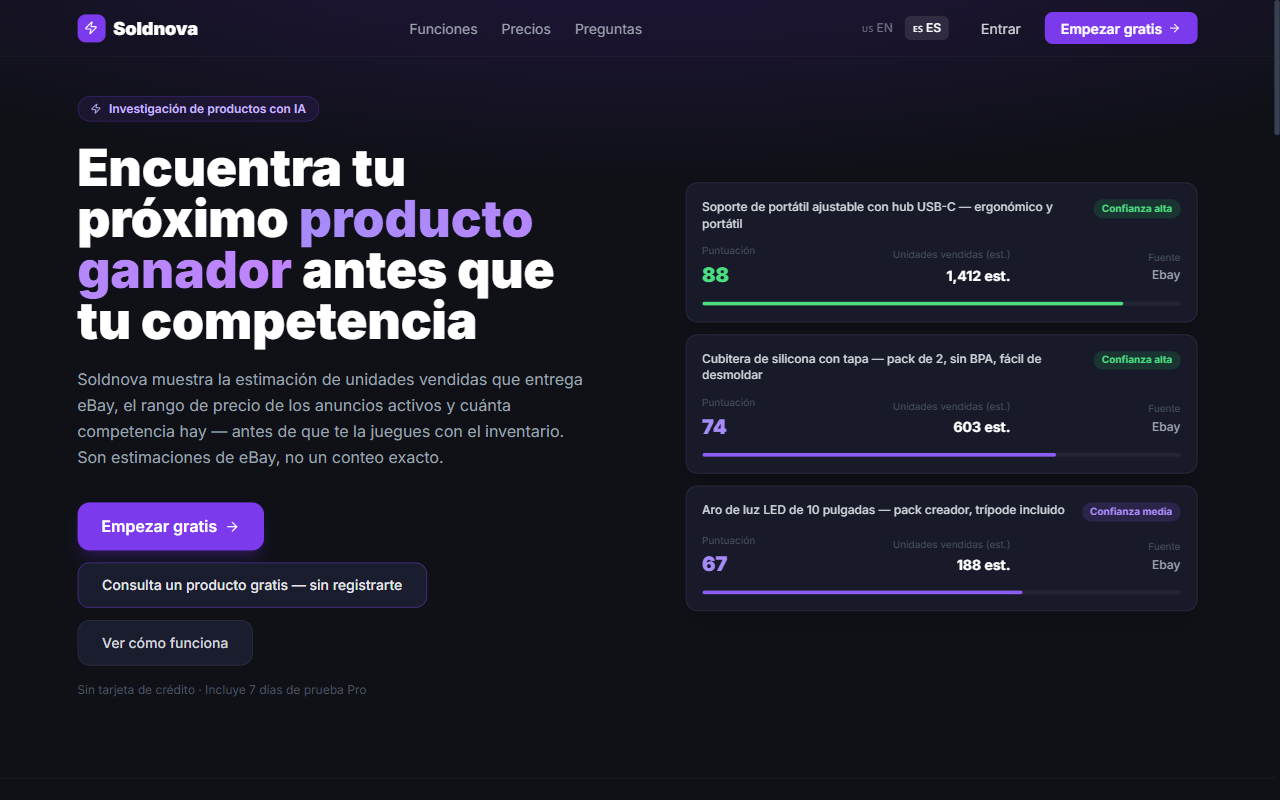Soldnova: investigación de productos con la demanda estimada de eBay, con unidades vendidas estimadas y nivel de confianza